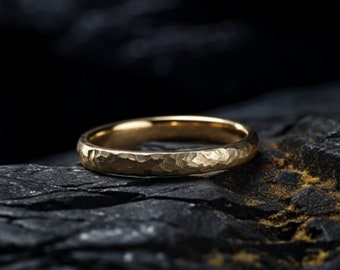 Alianza de boda mate martillada de oro macizo de 14 quilates de 2 mm, anillo de boda hecho a mano, diseño martillado, alianza de boda hecha a mano, anillo martillado, oro real