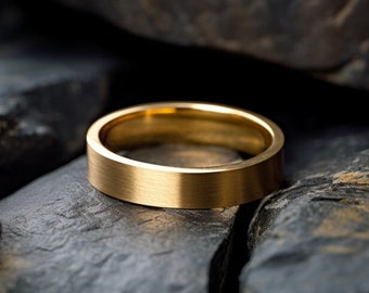 14K Classic Solid Gold Flacher Ehering mit gebürstetem Satin-Finish, eleganter und langlebiger Ring für Männer oder Frauen, handgefertigter Ring