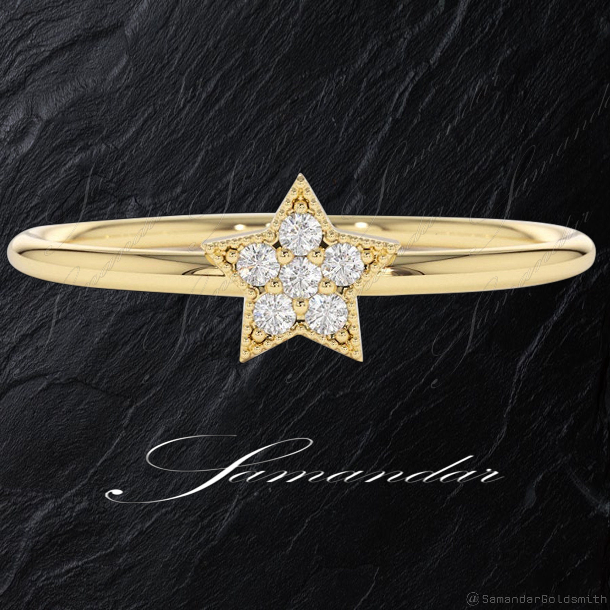 星型 18K ゴールド ダイヤモンド リング / 重ね付けできる薄い 星型 18K ゴールド ダイヤモンド リング / 重ね付けできる薄い