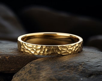 Alianza de boda martillada plana de oro macizo de 14K, en 2, 3, 4 o 5 mm, anillo de boda hecho a mano, diseño martillado, alianza de boda hecha a mano, regalo para él