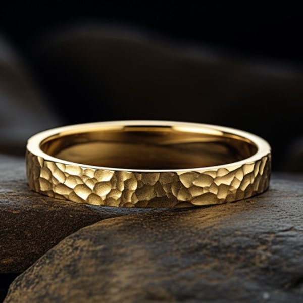 14K Solid Gold Flach gehämmerter Ehering, in 2, 3, 4 oder 5MM, handgemachter Ehering, gehämmertes Design, handgefertigter Ehering, Geschenk für ihn