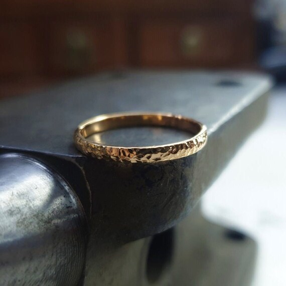 Handmade 2mm Hammered Solid Gold Ring Rose Gold Wedding Band