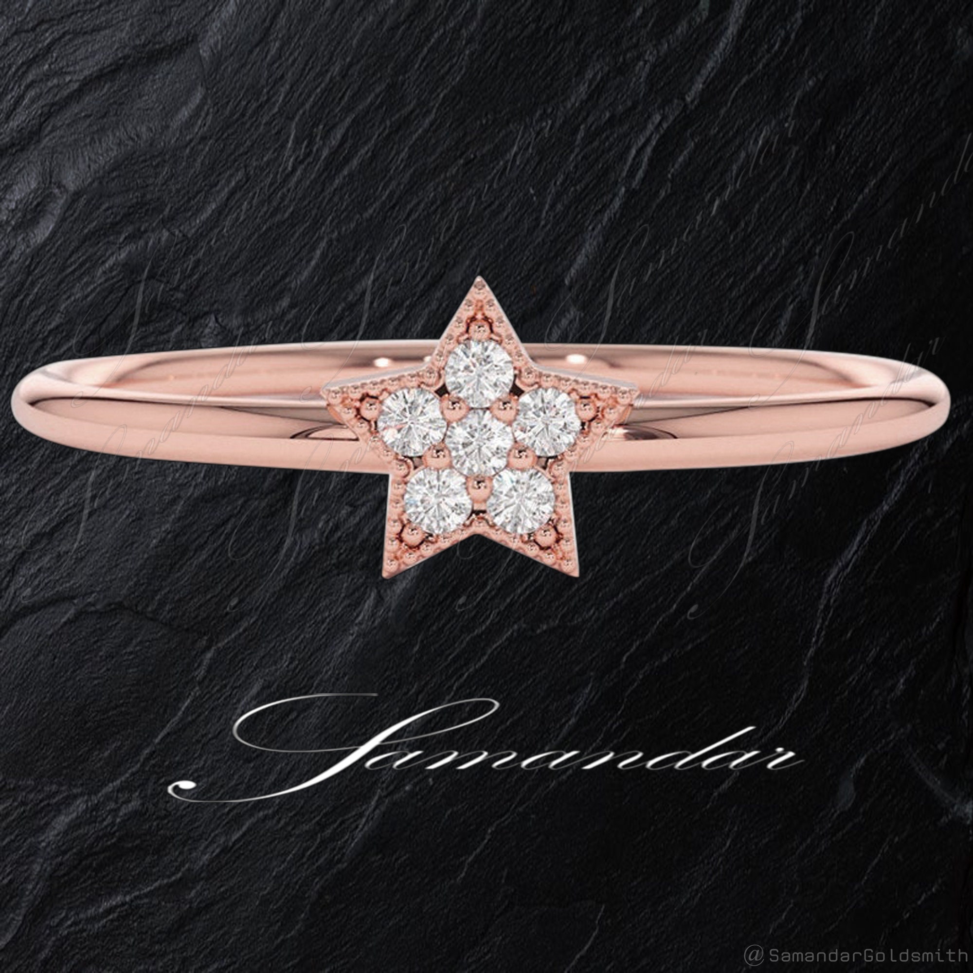 星型 18K ゴールド ダイヤモンド リング / 重ね付けできる薄い 星型 18K ゴールド ダイヤモンド リング / 重ね付けできる薄い