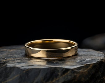 Classic Solid Gold Flat Shaped Wedding Band, Elegant and Durable Ring for Men or Women, Handcrafted in the UK, Classic Design