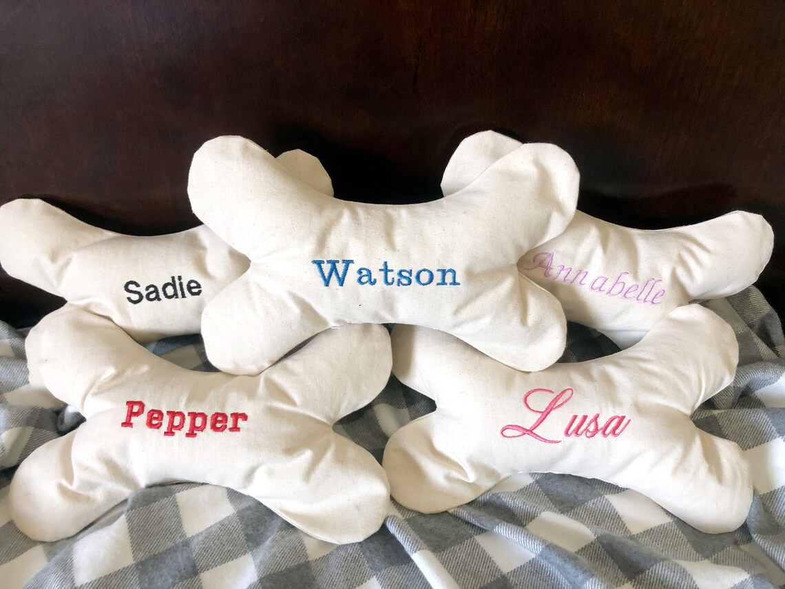 Personalized embroidered dog bone toy/pillow with squeakers Etsy