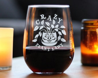 Copa de vino sin tallo grabada "La Dama de las Plantas Loca" - Regalo para jardineros