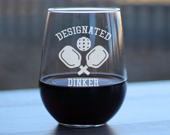 Designated Dinker - Stemless Wine Glass - Funny Pickleball Themed Gifts and Décor - Gift for Pickleball Enthusiasts - Large 17 Oz Glass