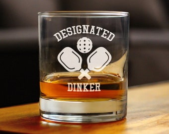 Designated Dinker - Whiskey Rocks Glass - Funny Unique Pickleball Themed Gifts for Dinkers and Bangers - 10 Oz Glasses