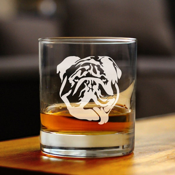 Bulldog - 10 oz Rocks Glass or Old Fashioned Glass, Etched Glassware, Cute Gifts for Dog Lovers with English Bulldogs