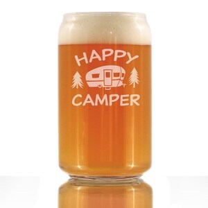 Happy Camper - Cute Funny Beer Can Pint Glass, Etched Sayings, Gift for Beer Lovers and Campers