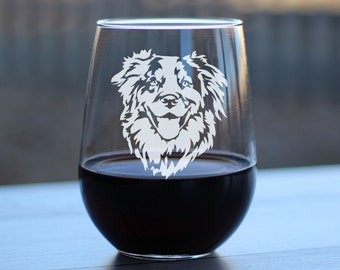 Australian Shepherd Face - Stemless Wine Glass - Cute Aussie Gifts for Dog Lovers with Australian Shepherds - Large Glasses