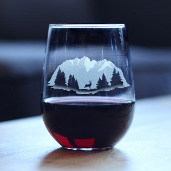 Majestic Mountains Stemless Wine Glass, Large 17 Ounce Size, Etched Sayings, Gift for Women and Men that Love the Outdoors