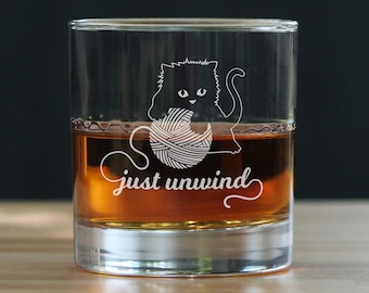 Just Unwind - Kitten with Ball of Yarn - 10 oz Rocks Glass or Old Fashioned Glass, Etched Glassware, Cute & Funny Gifts for Cat Lovers