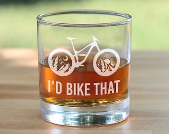 Etched Mountain Bike Rocks Glass: "I'd Bike That" Cycling Gift