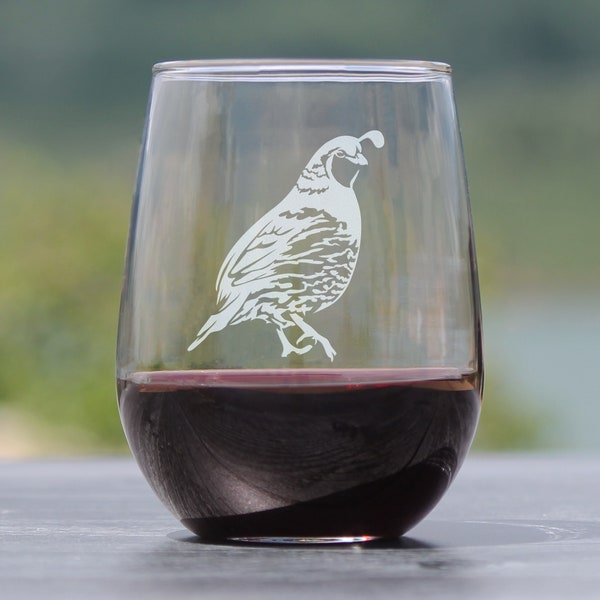 Quail - Pretty Stemless Wine Glass, Large 17 Ounce Size, Etched Sayings, Bird Themed Gifts and Décor for Bird Watchers and Game Hunters