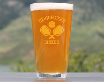 Designated Dinker - Pint Glass for Beer - Cute Funny Pickleball Themed Décor and Gifts for Dinkers and Bangers - 16 Oz Glasses