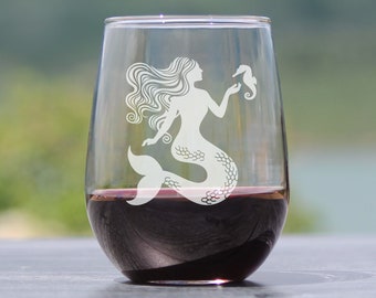 Mermaid - Stemless Wine Glass, Large 17 Ounce Size, Etched Sayings, Cute Nautical Themed Birthday Gift for Women That Love the Ocean & Beach