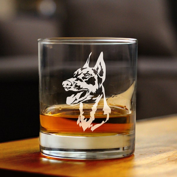Doberman Face - 10 oz Rocks Glass or Old Fashioned Glass, Etched Glassware - Cute Gifts for Dog Lovers with Dobermans
