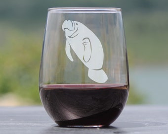 Manatee - Cute Stemless Wine Glass - Beach House Decor Gifts for Lovers of Manatees and Wine - Large  Glasses