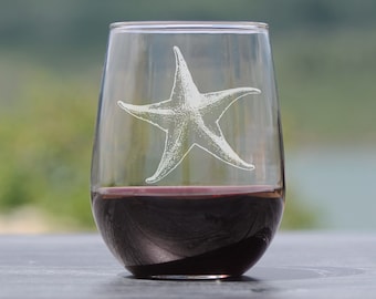 Verre à vin sans pied à gravure étoile de mer : décoration nautique de maison de plage