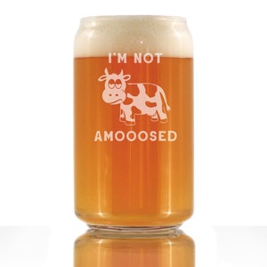 Etched Cow Beer Pint Glass: Funny &quot;I&#39;m Not Amooosed&quot; Gift