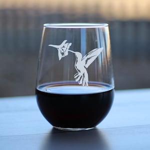 Hummingbird - Pretty Stemless Wine Glass, Large 17 Ounce Size, Etched Sayings, Bird Themed Gifts and Décor for Bird Watchers and Gardeners