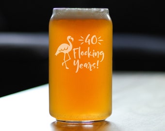 40 Flocking Years | Funny Beer Can Pint Glass, Etched Sayings | Cute 40th Anniversary or Birthday Gift for Flamingo Lovers