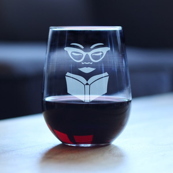 Book Reading Woman - Funny Book Club Stemless Wine Glass Gifts for Librarians & Readers - Large