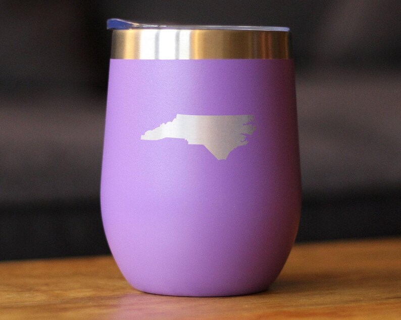 North Carolina State Outline Wine Tumbler: Stainless Steel Travel Mug Purple