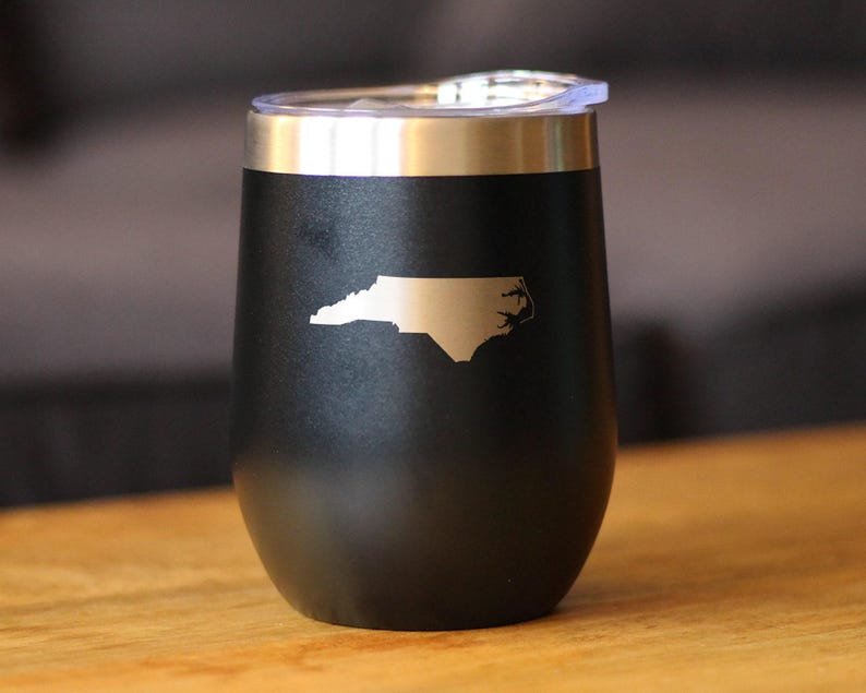 North Carolina State Outline Wine Tumbler: Stainless Steel Travel Mug Black