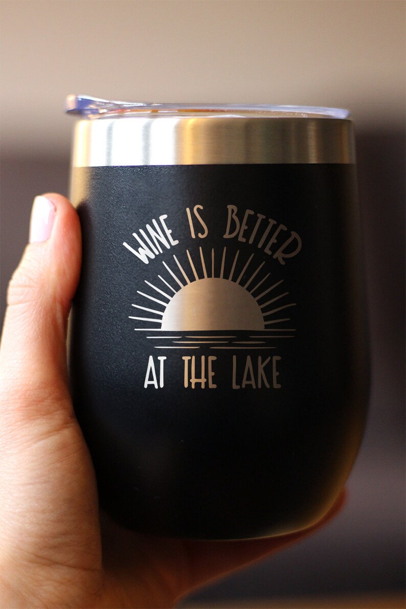 Insulated Wine Tumbler Glass with Sliding Lid Wine Is Better At The Lake Cute Funny Gift for Boat Lovers image 2