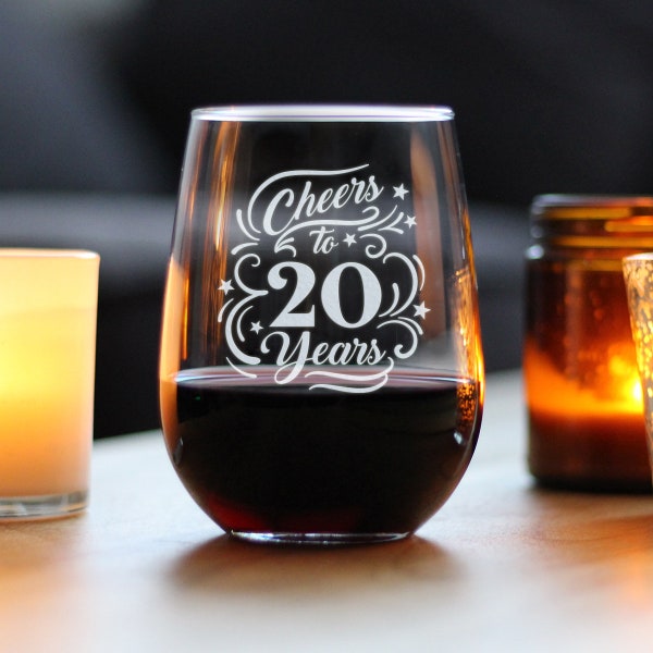 Cheers to 20 Years - Stemless Wine Glass, Large Size, Etched Sayings - Cute Gift to Celebrate 20th Wedding, Business or Work Anniversary