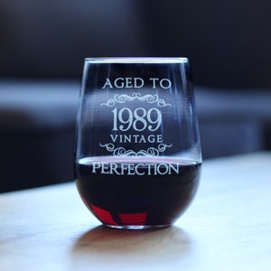 Aged to Perfection 1989 Vintage | Funny Stemless Wine Glass, Large 17 Ounce Size, Etched Sayings, 35th Birthday Gift for Women