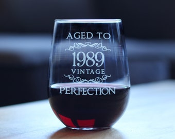 Aged to Perfection 1989 Vintage | Funny Stemless Wine Glass, Large 17 Ounce Size, Etched Sayings, 35th Birthday Gift for Women