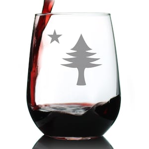 Old Maine Flag Stemless Wine Glass - Original 1901 State of Maine Flag Gifts for Women & Men Mainers - Large Engraved 17 Oz Glasses