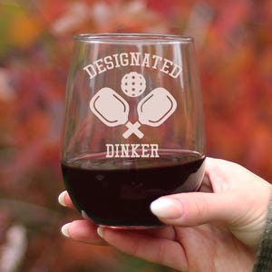 Designated Dinker - Stemless Wine Glass - Funny Pickleball Themed Gifts and Décor - Gift for Pickleball Enthusiasts - Large 17 Oz Glass