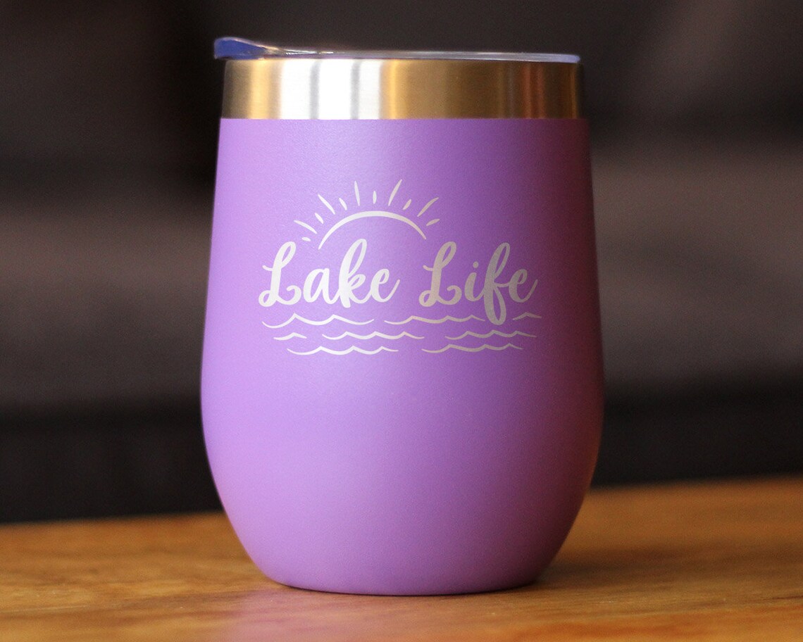 Insulated Wine Tumbler Glass With Sliding Lid Lake Life Etsy
