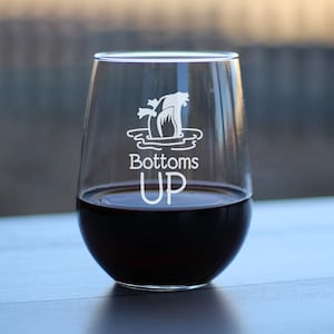 Bottoms Up - Cute Funny Stemless Wine Glass, Large 17 Ounce Size, Etched Sayings - Duck Themed Gifts for Women Who Love Ducks & Puns