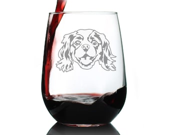 Cavalier King Charles Spaniel Face - Stemless Wine Glass - Cute Gifts for Dog Lovers with Spaniels - Large Glasses