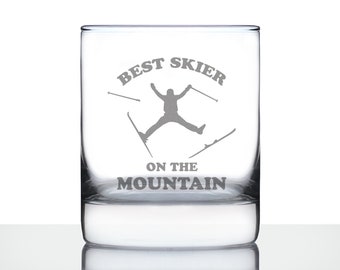 Etched Skier Rocks Glass: Funny Ski Gift, 10 oz Old Fashioned Glass
