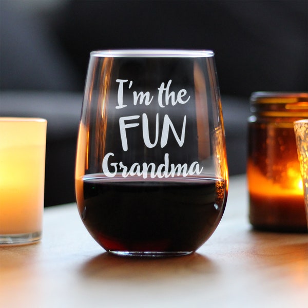 I'm the Fun Grandma - Cute Funny Stemless Wine Glass, Large 17 Ounce Size, Etched Sayings, Birthday or Christmas Gift for Grandma