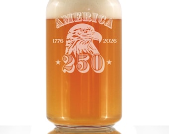 America 250th Anniversary Beer Can Glass: Etched 16 oz Pint Glass