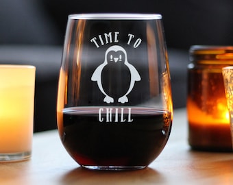 Time to Chill - Stemless Wine Glass - Large 17 Oz - Cute Funny Penguin Gifts for Women and Men Who Love Penguins