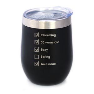 50th Birthday Checklist - Wine Tumbler Cup with Sliding Lid - Stainless Steel Insulated Mug - Funny Gifts for Women and Men Turning 50