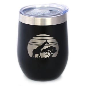 Giraffe Sunset - Wine Tumbler Glass with Sliding Lid - Stainless Steel Insulated Mug - Unique Safari Gifts for Women and Men