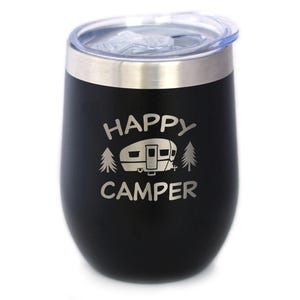 Insulated Wine Tumbler Glass with Sliding Lid - Happy Camper - Cute Camping Gifts for Women and Men