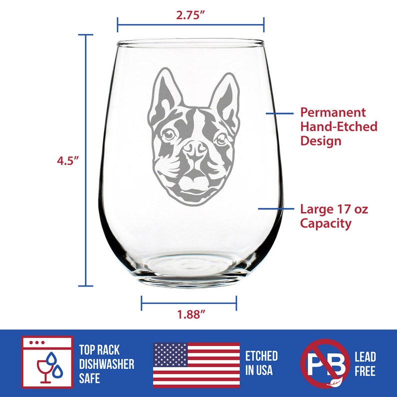 Large Glasses Cute Gifts for Dog Lovers with Terriers Stemless Wine Glass Boston Terrier Face