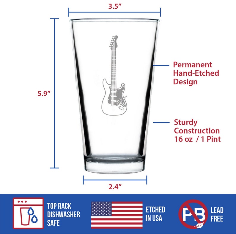 Electric Guitar Pint Glass for Beer Music Gifts for Guitar Players, Teachers and Musical Accessories for Musicians 16 Oz Glasses image 5