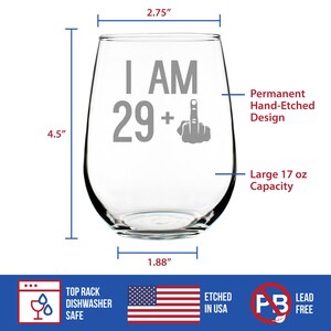 I Am 29 1 Middle Finger Funny Stemless Wine Glass, Large 17 Ounce Size, Etched Sayings, 30th Birthday Gift for Women 画像 7