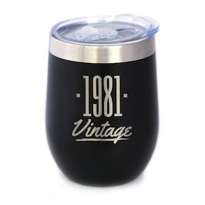 Vintage 1981 - Insulated Wine Tumbler Glass with Sliding Lid - Cute Funny 44th Birthday Gift for Women or Men Turning 44